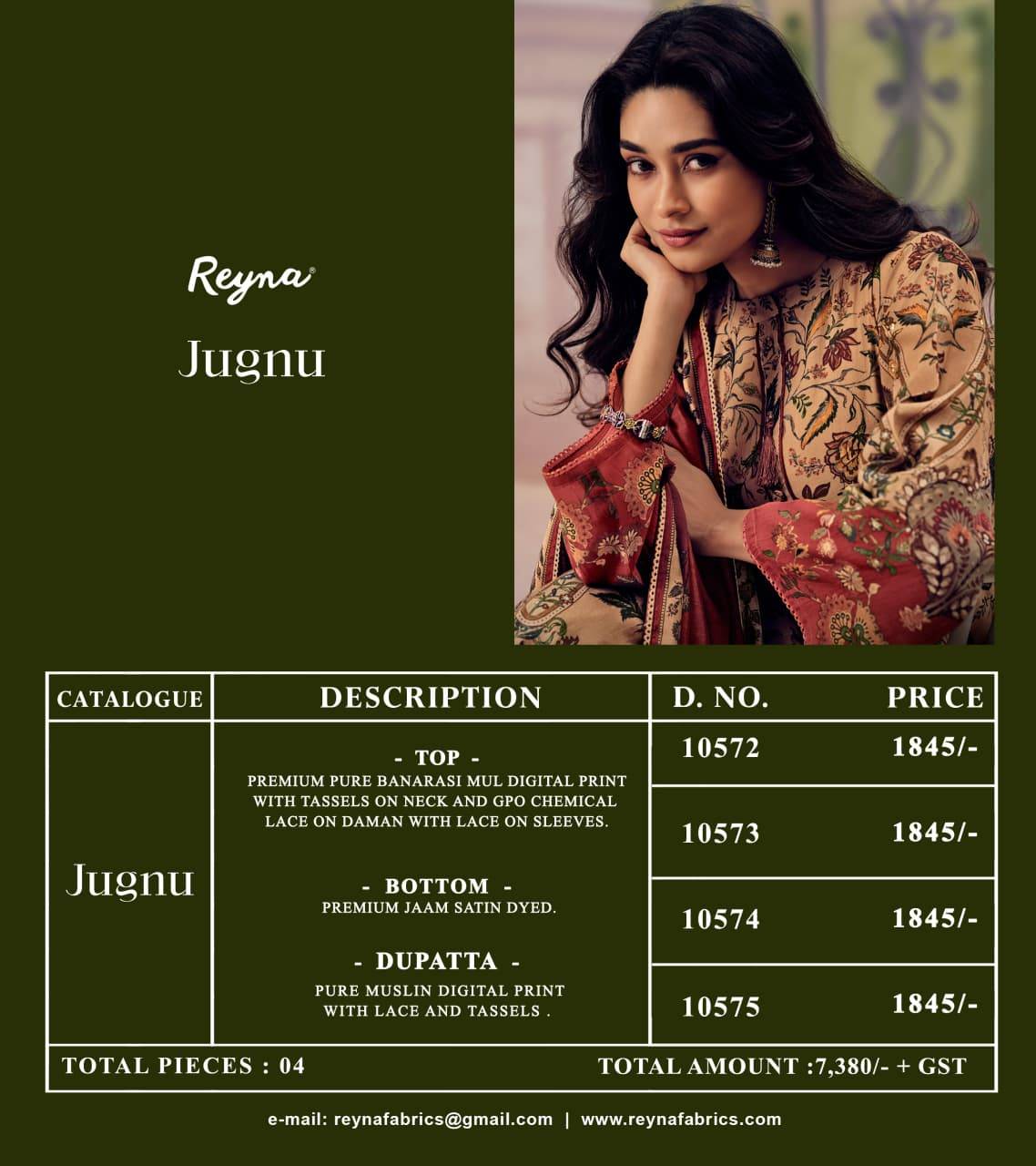 JUGNU By REYNA 10572 To 10575 Series Stylish Beautiful Colourful PURE BANARASI MUL Dresses At Wholesale Price